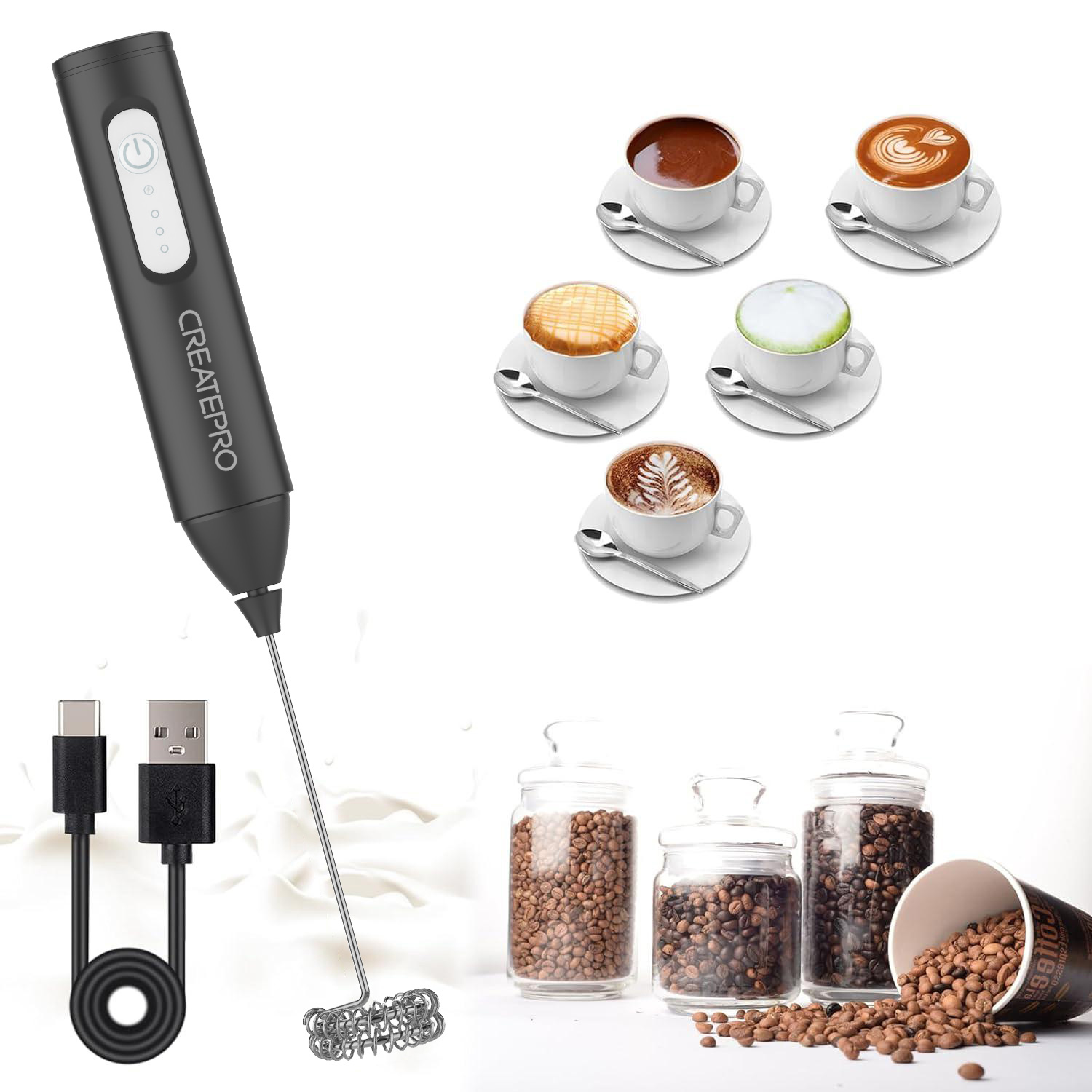 Electric Milk Frother Handheld - Espumador de Leite Recarregável Automático Portátil